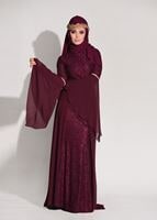 Tesettür giyim BORDO DANTEL ŞİFON DETAYLI ABİYE ELBİSE 92625