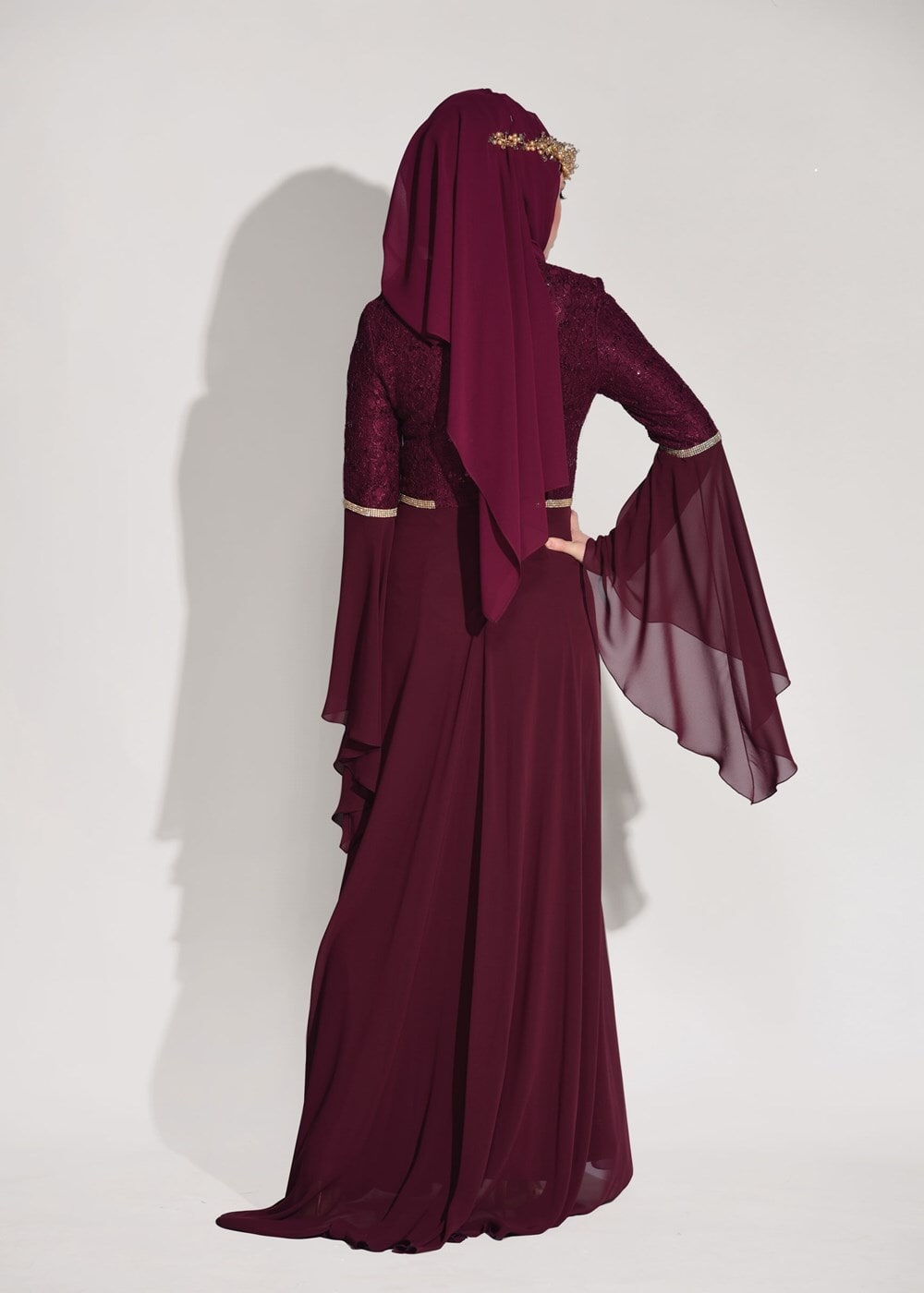 Tesettür giyim BORDO DANTEL ŞİFON DETAYLI ABİYE ELBİSE 92625