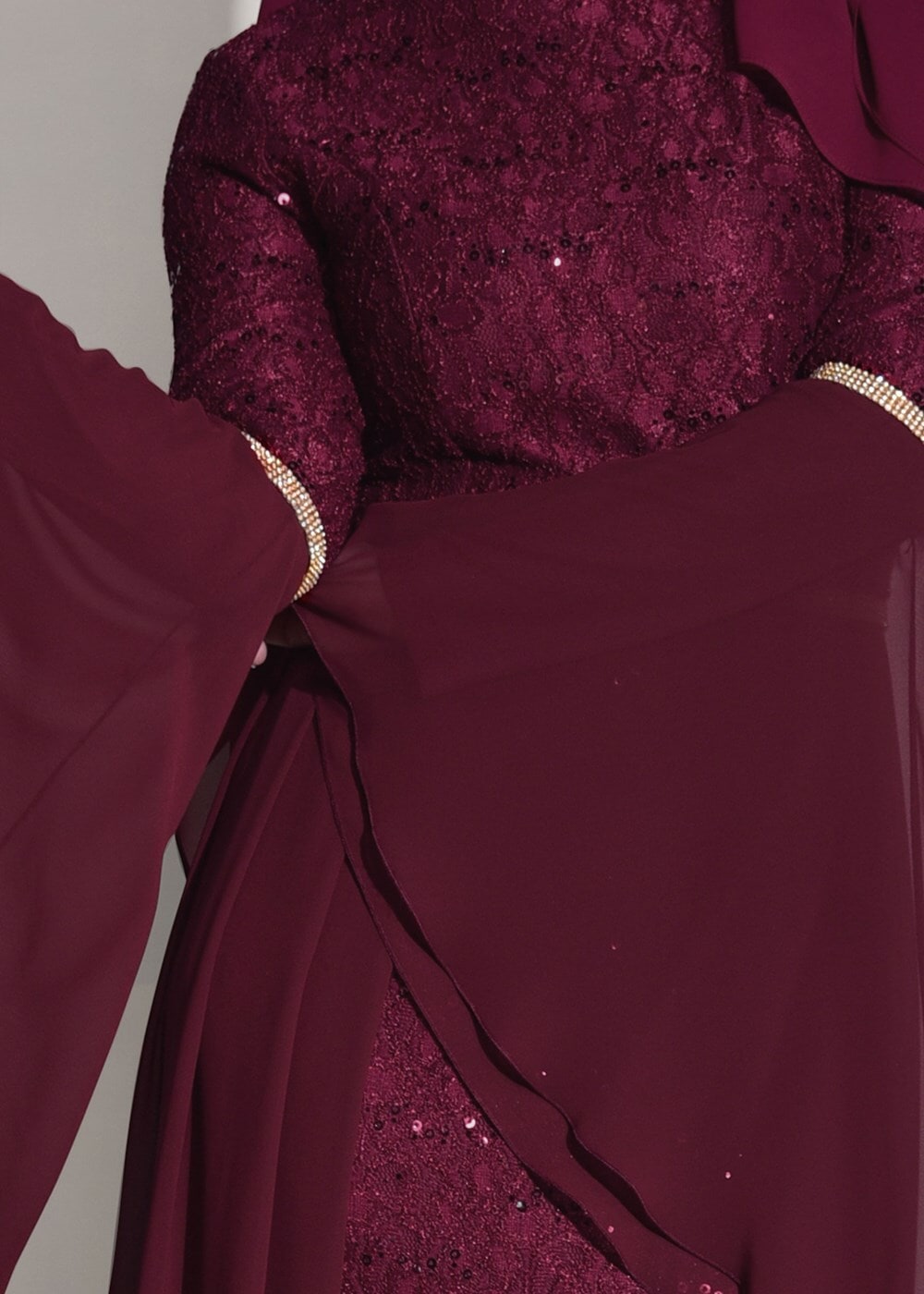 Tesettür giyim BORDO DANTEL ŞİFON DETAYLI ABİYE ELBİSE 92625