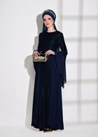 Vêtements hijab BLEU MARINE ROBE DE SOIRÉE DÉTAILLÉE MOUSSELINE DENTELLE 92625