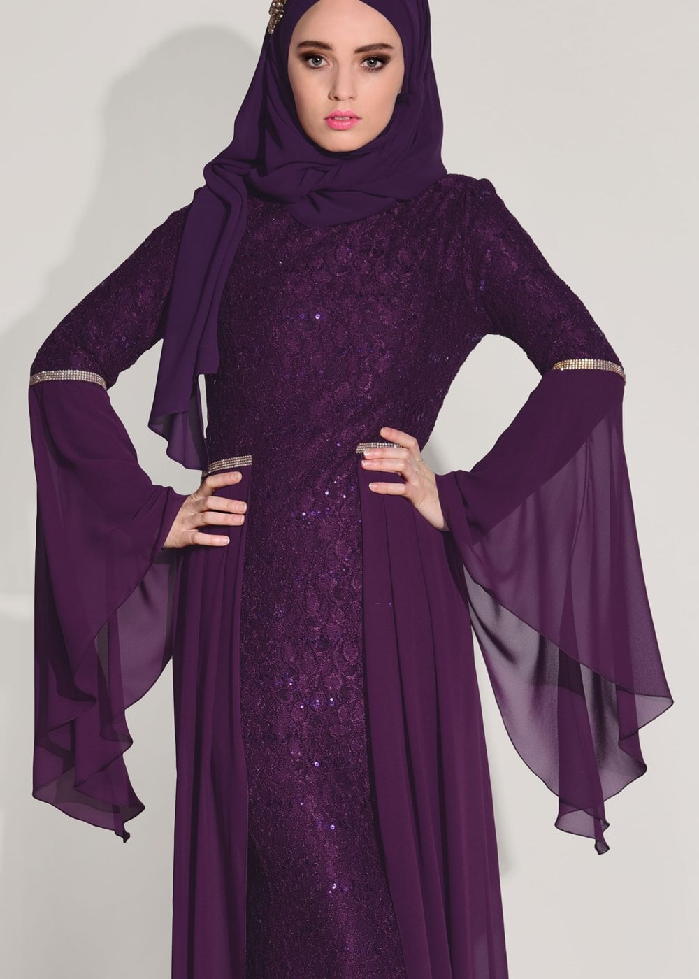 Tesettür giyim MÜRDÜM DANTEL ŞİFON DETAYLI ABİYE ELBİSE 92625