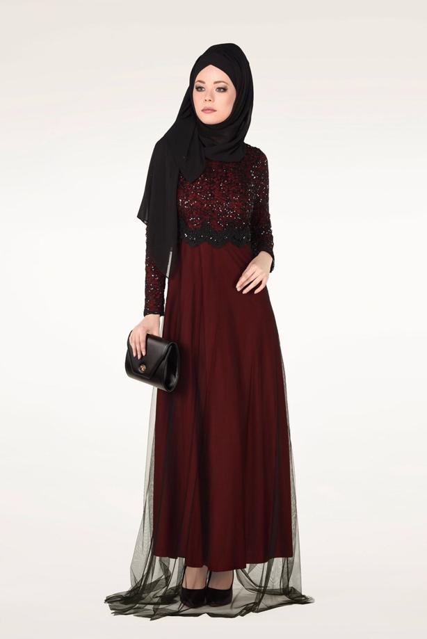 Tesettür giyim  PUL İŞLEMELİ ABİYE ELBİSE 0072 - TRENDTESETTÜR