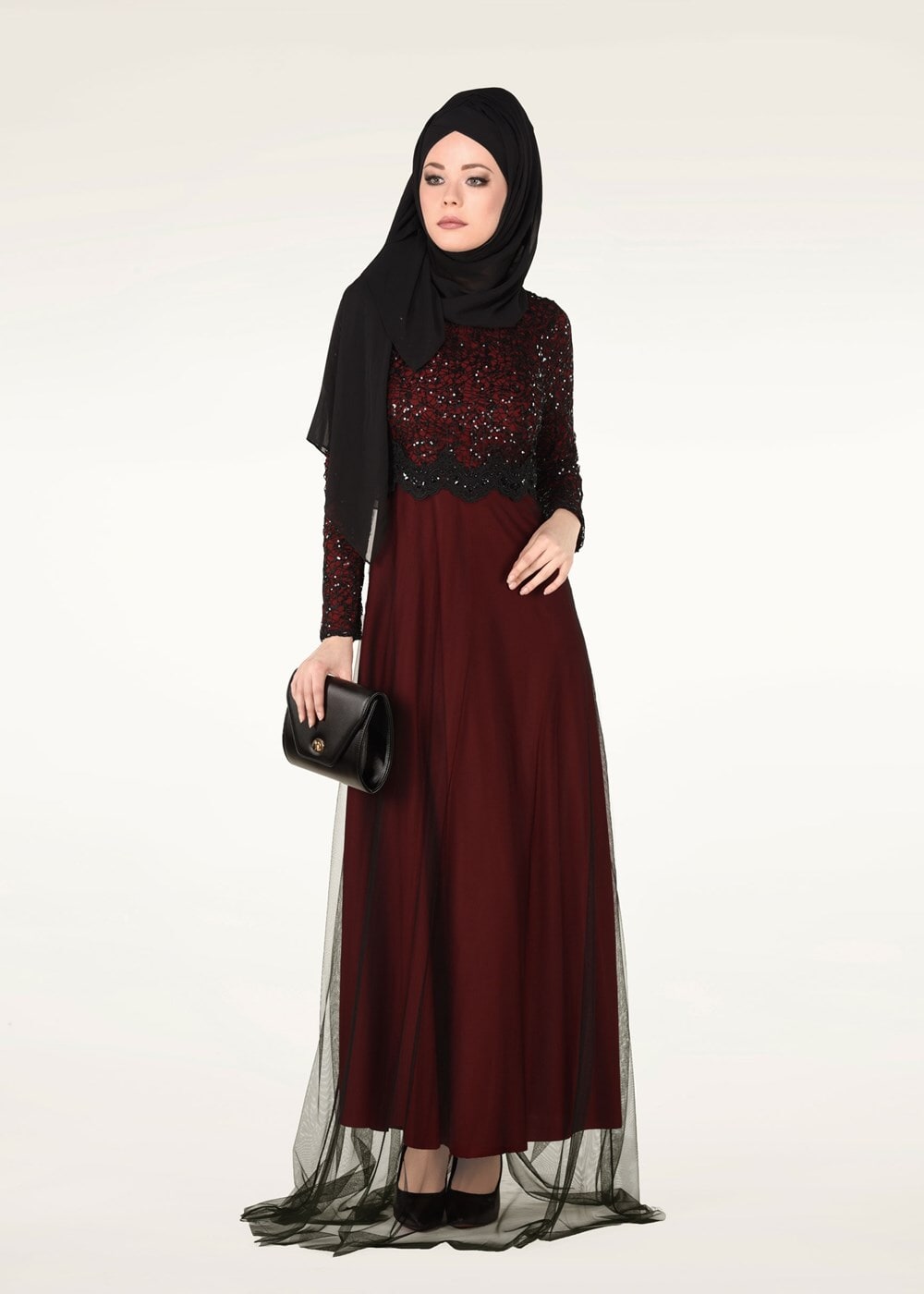 Hijab clothing CLARET RED SEQUIN EMBROIDERED EVENING DRESS 0072 