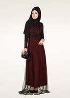 Hijab clothing CLARET RED SEQUIN EMBROIDERED EVENING DRESS 0072 