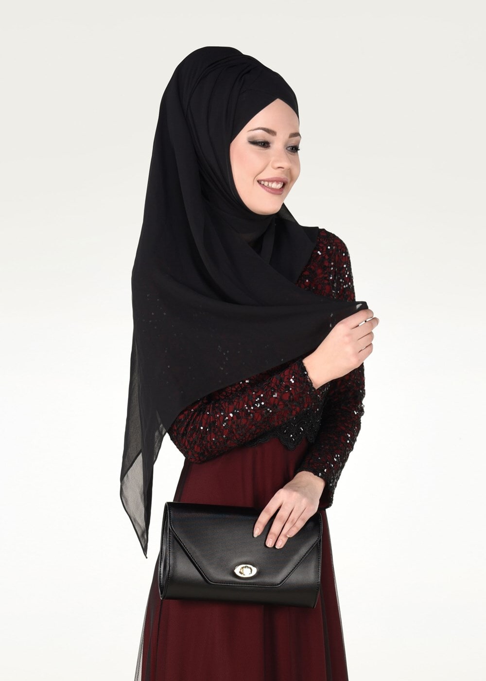 Hijab clothing CLARET RED SEQUIN EMBROIDERED EVENING DRESS 0072 