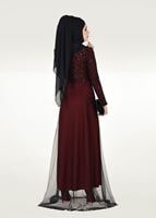 Hijab clothing CLARET RED SEQUIN EMBROIDERED EVENING DRESS 0072 