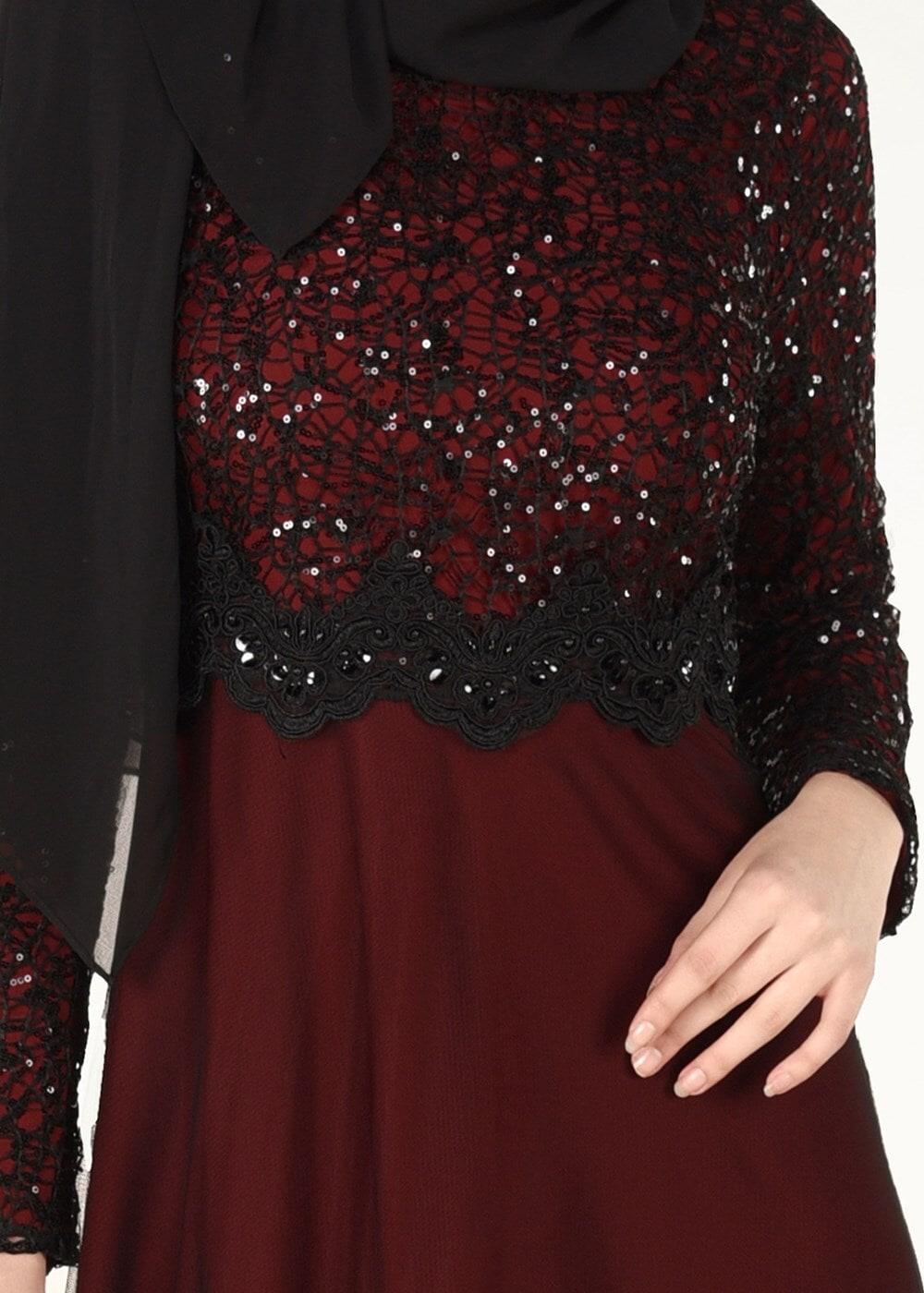 Hijab clothing CLARET RED SEQUIN EMBROIDERED EVENING DRESS 0072 