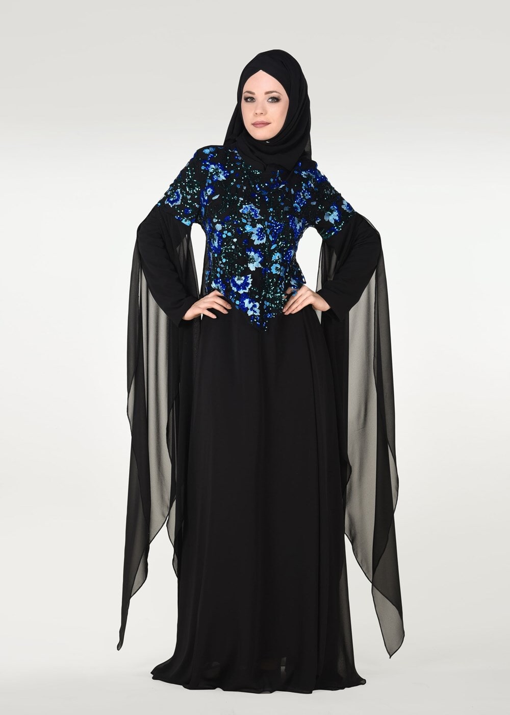 Vêtements hijab NOIR ROBE DE SOIRÉE BRODÉE MANCHES BATWING 0491