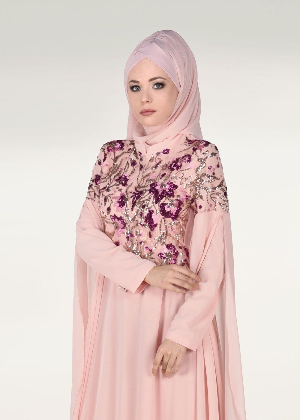 Hijab clothing POWDER EMBROIDERED BATWING SLEEVE EVENING DRESS 0491 