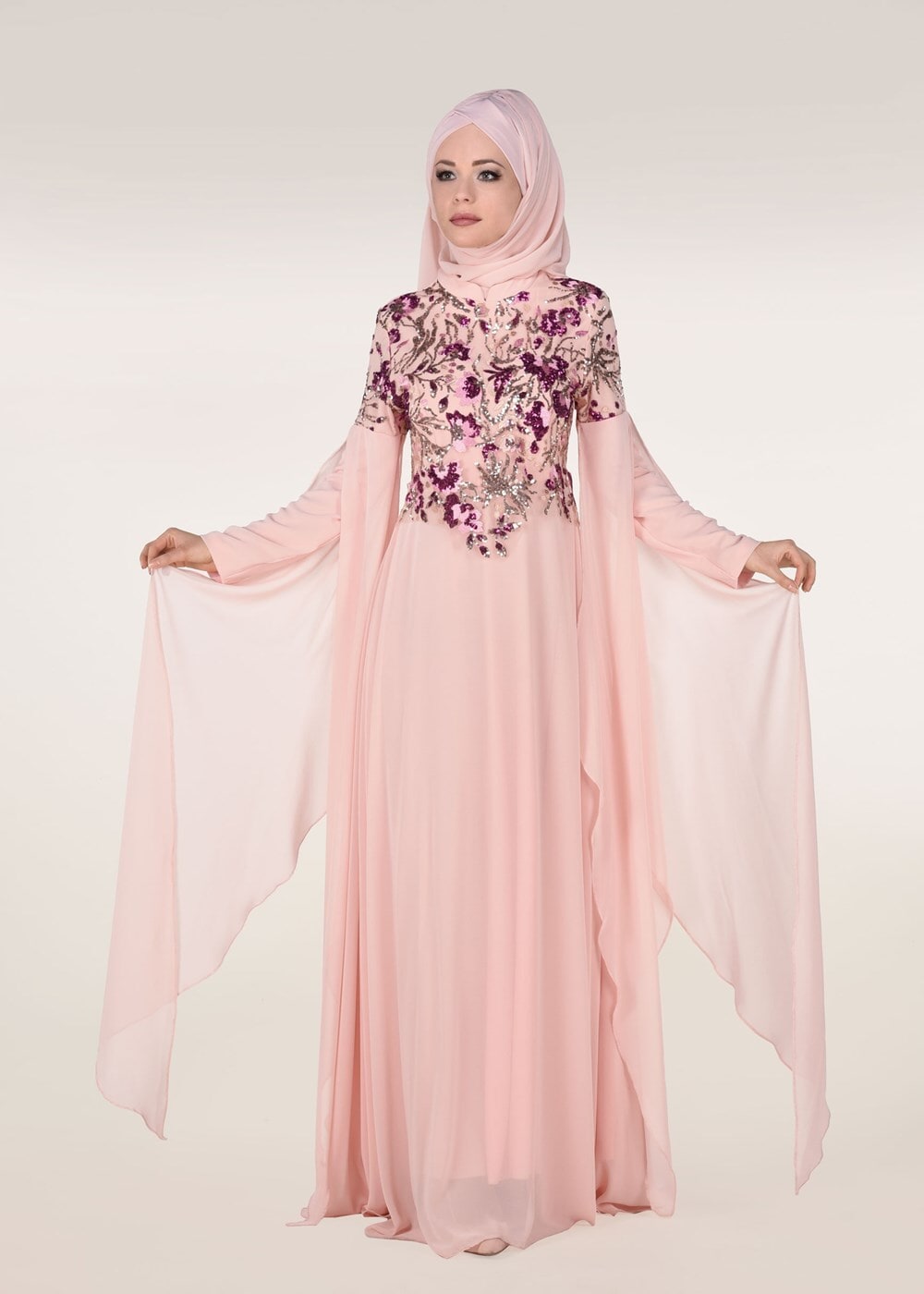Hijab clothing POWDER EMBROIDERED BATWING SLEEVE EVENING DRESS 0491 
