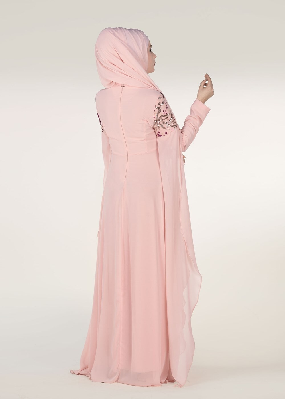 Hijab clothing POWDER EMBROIDERED BATWING SLEEVE EVENING DRESS 0491 