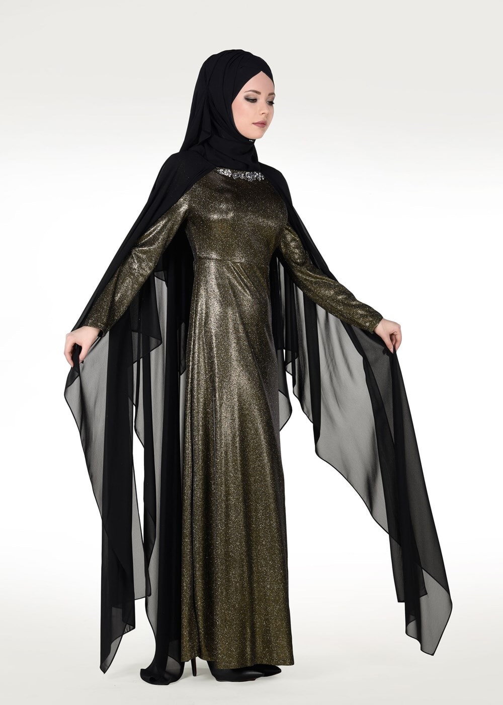 Tesettür giyim SİYAH PELERİNLİ TAŞ DETAYLI SİM KUMAŞ ABİYE ELBİSE 0608 