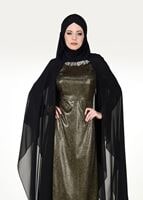 Tesettür giyim SİYAH PELERİNLİ TAŞ DETAYLI SİM KUMAŞ ABİYE ELBİSE 0608 