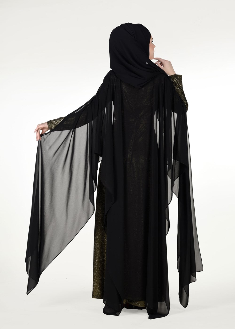 Tesettür giyim SİYAH PELERİNLİ TAŞ DETAYLI SİM KUMAŞ ABİYE ELBİSE 0608 