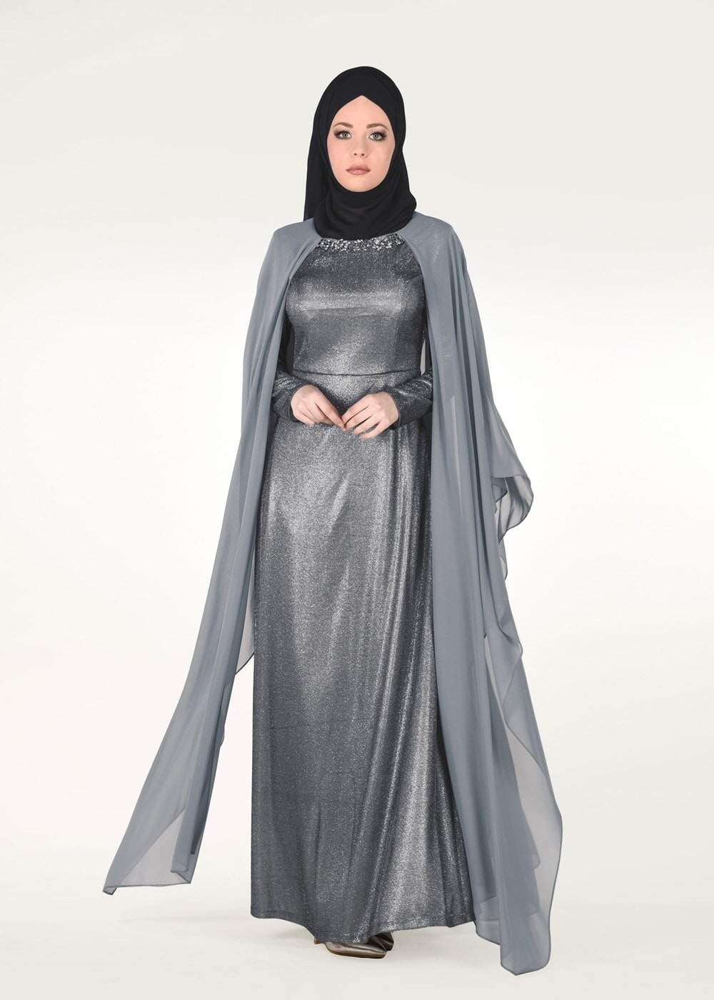 Tesettür giyim GRİ PELERİNLİ TAŞ DETAYLI SİM KUMAŞ ABİYE ELBİSE 0608 