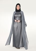 Tesettür giyim GRİ PELERİNLİ TAŞ DETAYLI SİM KUMAŞ ABİYE ELBİSE 0608 