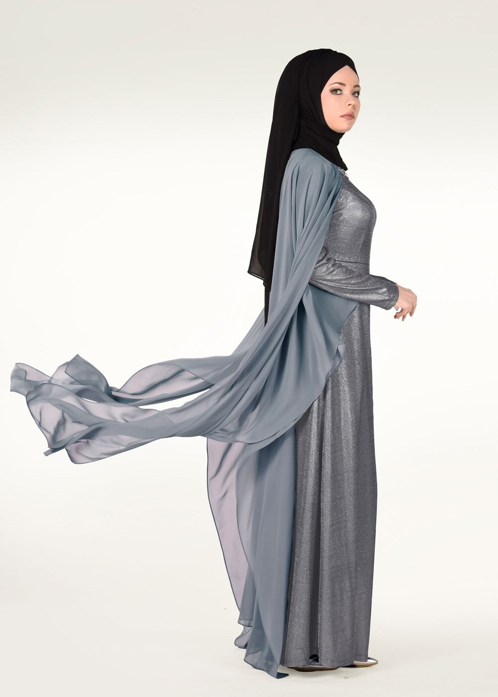 Tesettür giyim GRİ PELERİNLİ TAŞ DETAYLI SİM KUMAŞ ABİYE ELBİSE 0608 