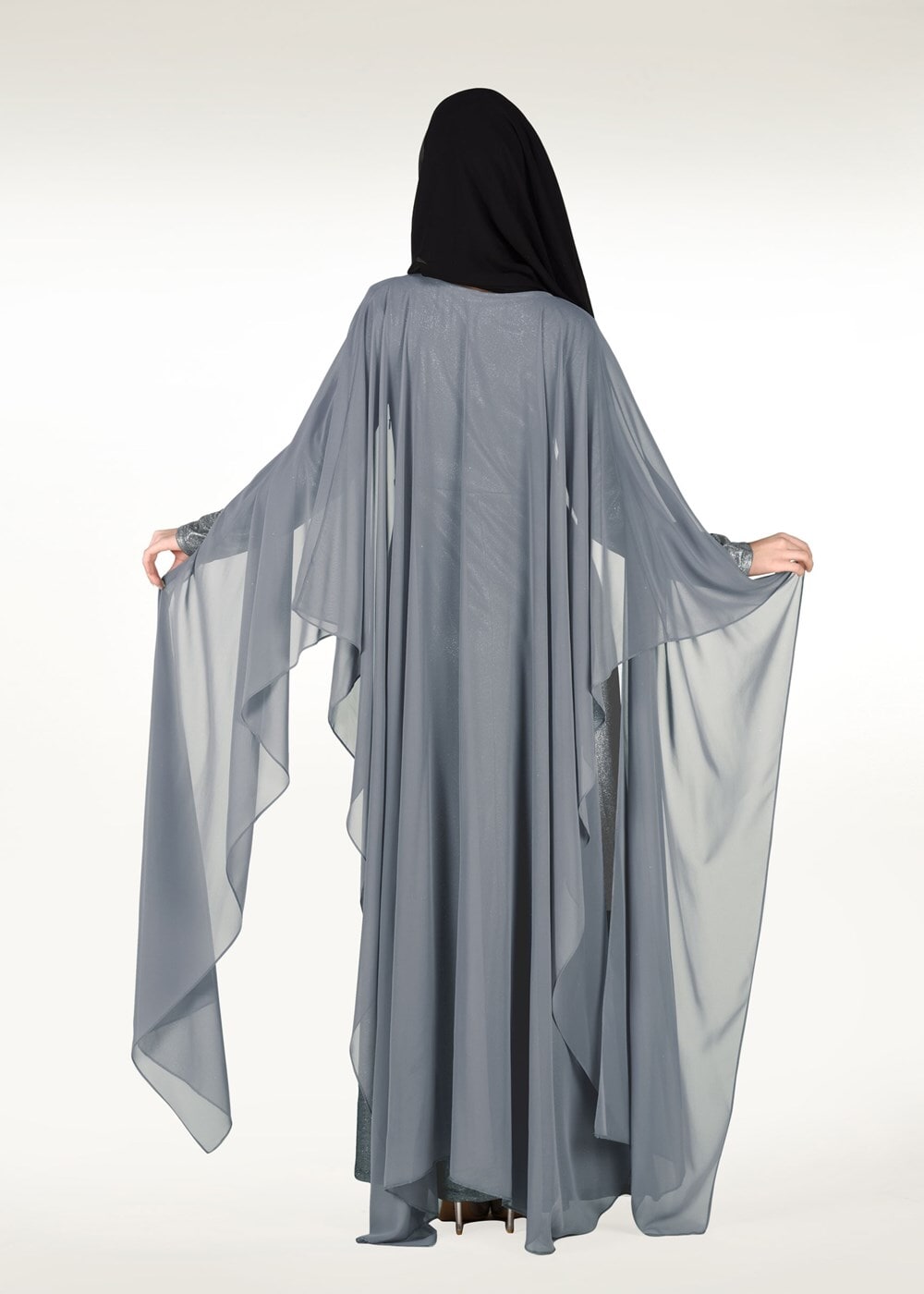 Tesettür giyim GRİ PELERİNLİ TAŞ DETAYLI SİM KUMAŞ ABİYE ELBİSE 0608 