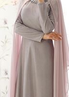 Tesettür giyim PUDRA PELERİNLİ TAŞ DETAYLI SİM KUMAŞ ABİYE ELBİSE 0608 