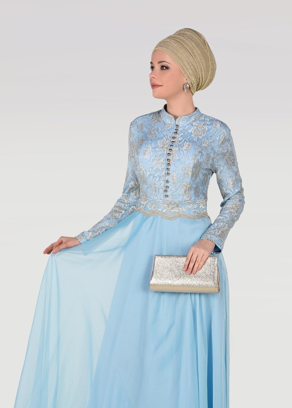 Tesettür giyim MAVİ HAKİM YAKA DÜĞME DETAYLI ABİYE ELBİSE 0697