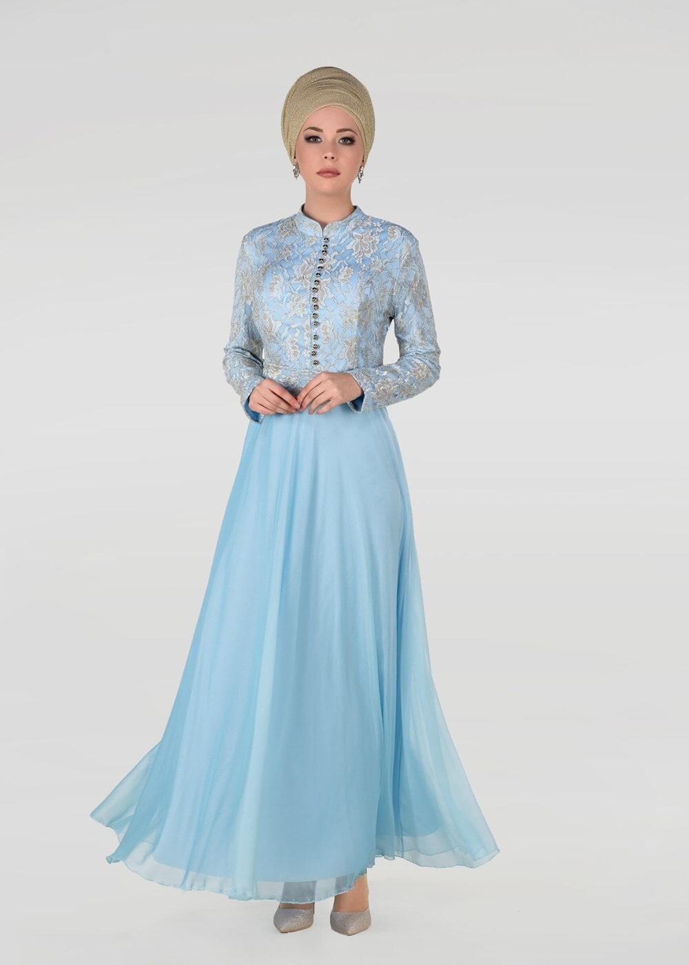 Tesettür giyim MAVİ HAKİM YAKA DÜĞME DETAYLI ABİYE ELBİSE 0697