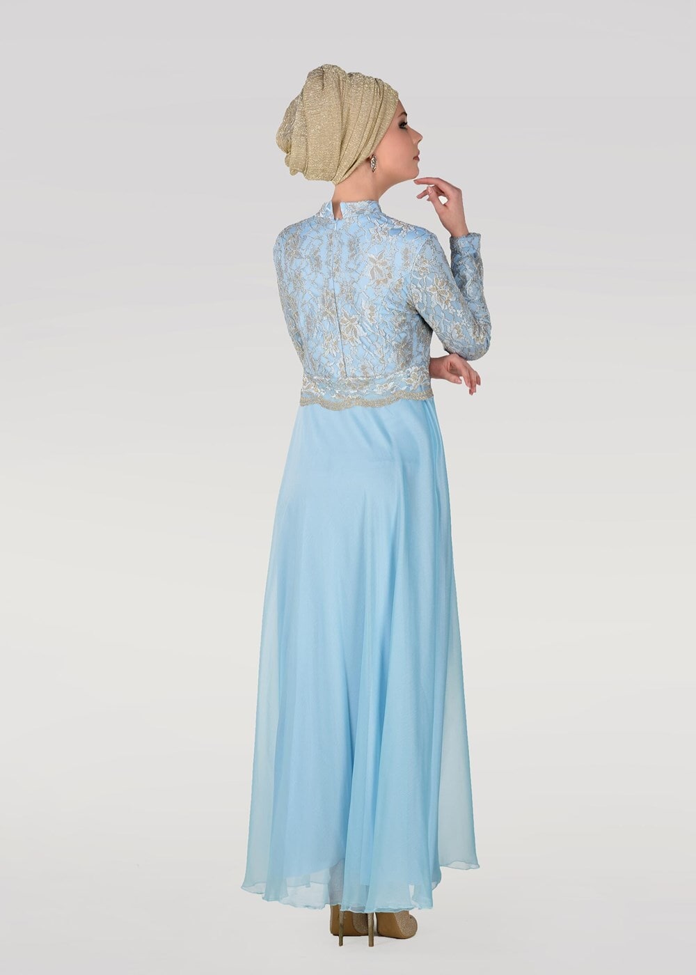 Tesettür giyim MAVİ HAKİM YAKA DÜĞME DETAYLI ABİYE ELBİSE 0697