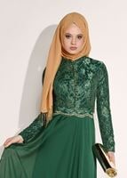 Tesettür giyim YEŞİL HAKİM YAKA DÜĞME DETAYLI ABİYE ELBİSE 0697