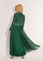Tesettür giyim YEŞİL HAKİM YAKA DÜĞME DETAYLI ABİYE ELBİSE 0697