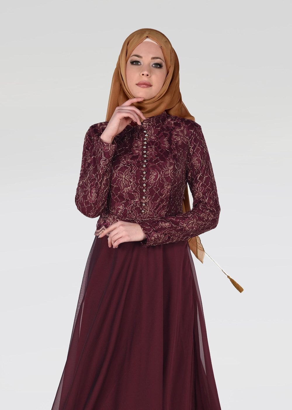 Tesettür giyim BORDO HAKİM YAKA DÜĞME DETAYLI ABİYE ELBİSE 0697
