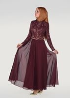 Tesettür giyim BORDO HAKİM YAKA DÜĞME DETAYLI ABİYE ELBİSE 0697