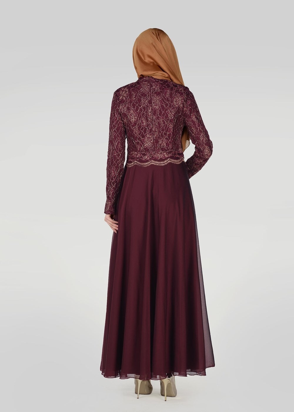 Tesettür giyim BORDO HAKİM YAKA DÜĞME DETAYLI ABİYE ELBİSE 0697