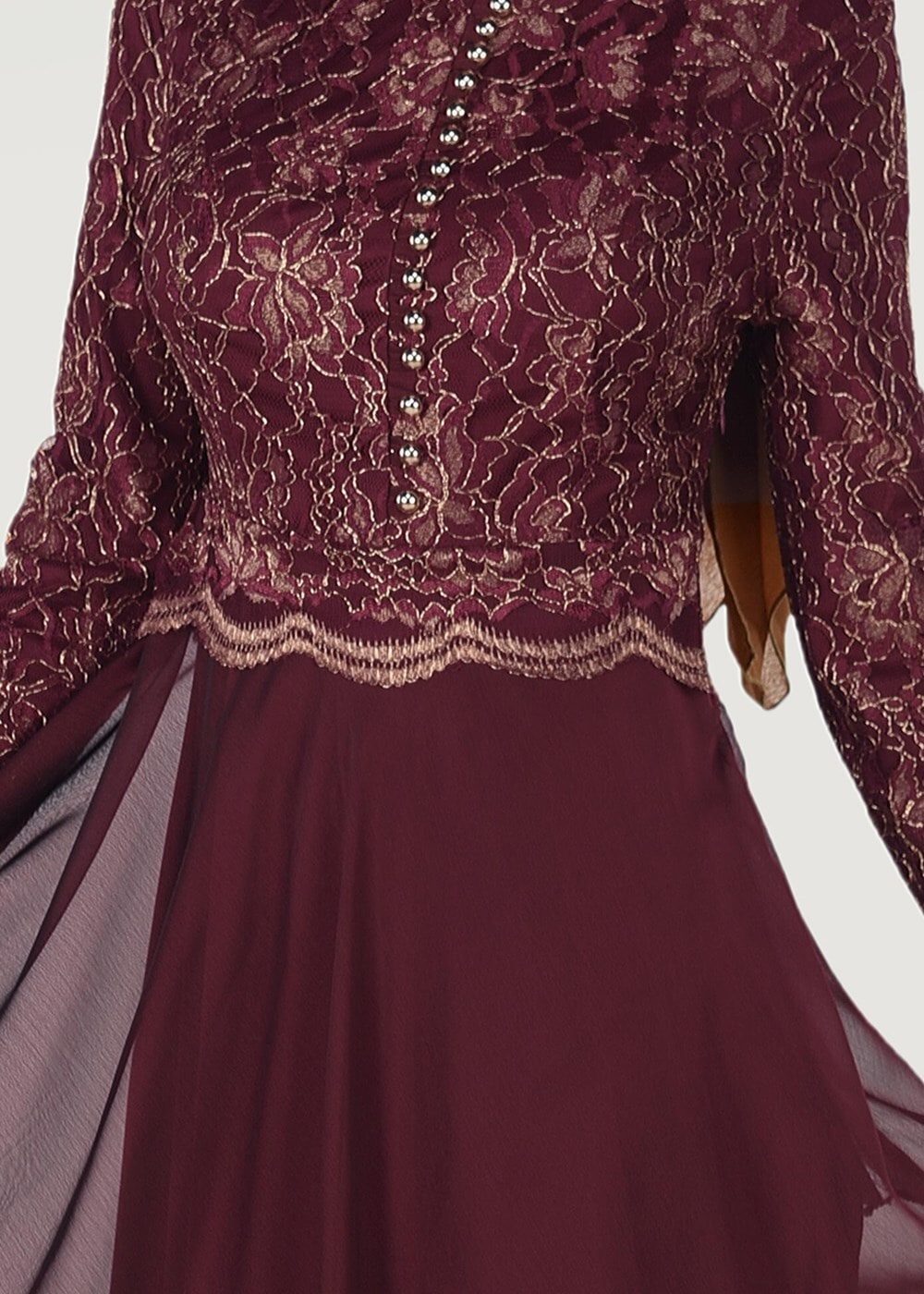 Tesettür giyim BORDO HAKİM YAKA DÜĞME DETAYLI ABİYE ELBİSE 0697