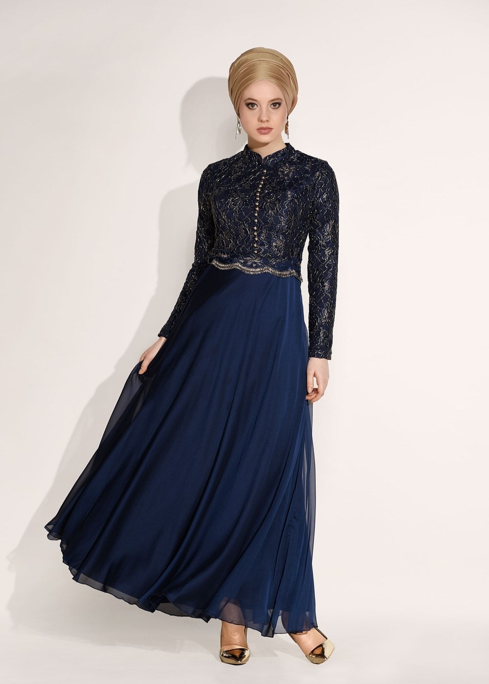 Tesettür giyim LACİVERT HAKİM YAKA DÜĞME DETAYLI ABİYE ELBİSE 0697