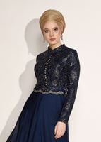 Tesettür giyim LACİVERT HAKİM YAKA DÜĞME DETAYLI ABİYE ELBİSE 0697