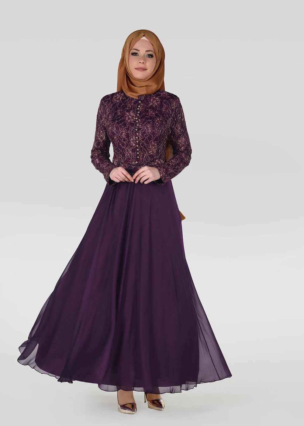 Tesettür giyim MÜRDÜM HAKİM YAKA DÜĞME DETAYLI ABİYE ELBİSE 0697