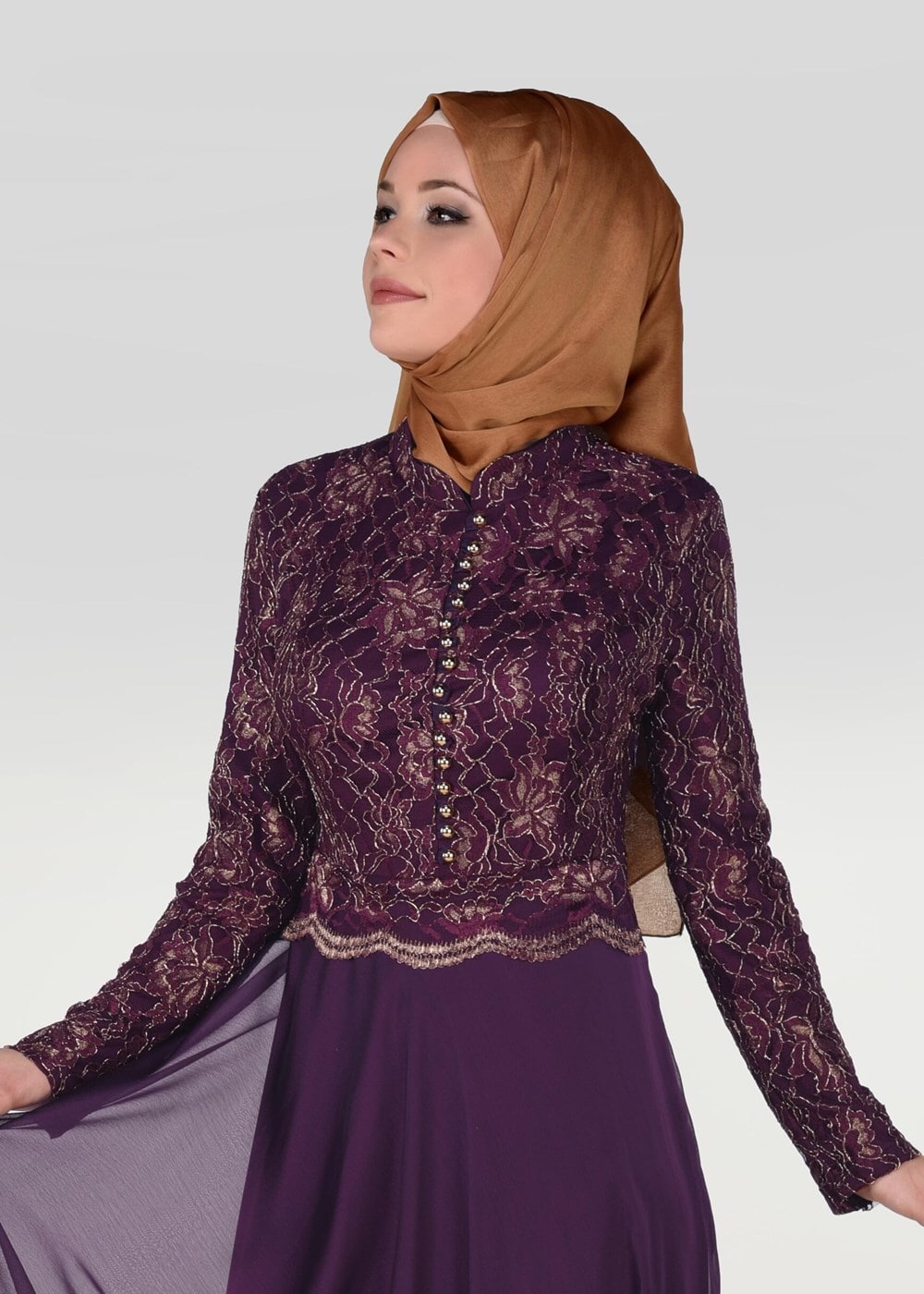 Tesettür giyim MÜRDÜM HAKİM YAKA DÜĞME DETAYLI ABİYE ELBİSE 0697