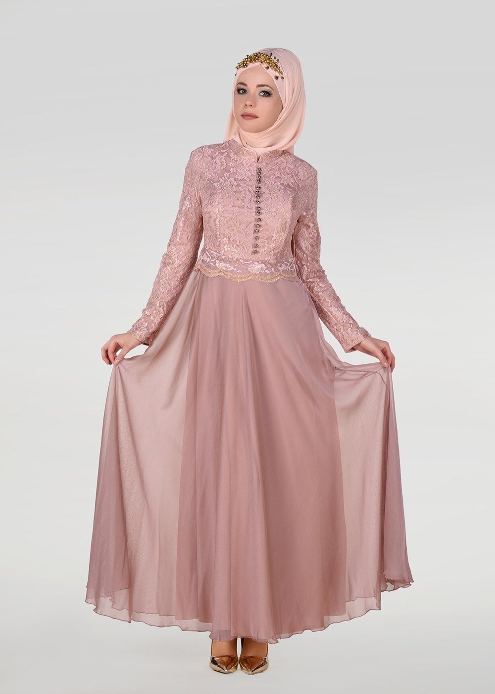 Tesettür giyim PUDRA HAKİM YAKA DÜĞME DETAYLI ABİYE ELBİSE 0697 