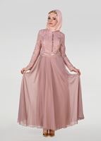 Tesettür giyim PUDRA HAKİM YAKA DÜĞME DETAYLI ABİYE ELBİSE 0697 