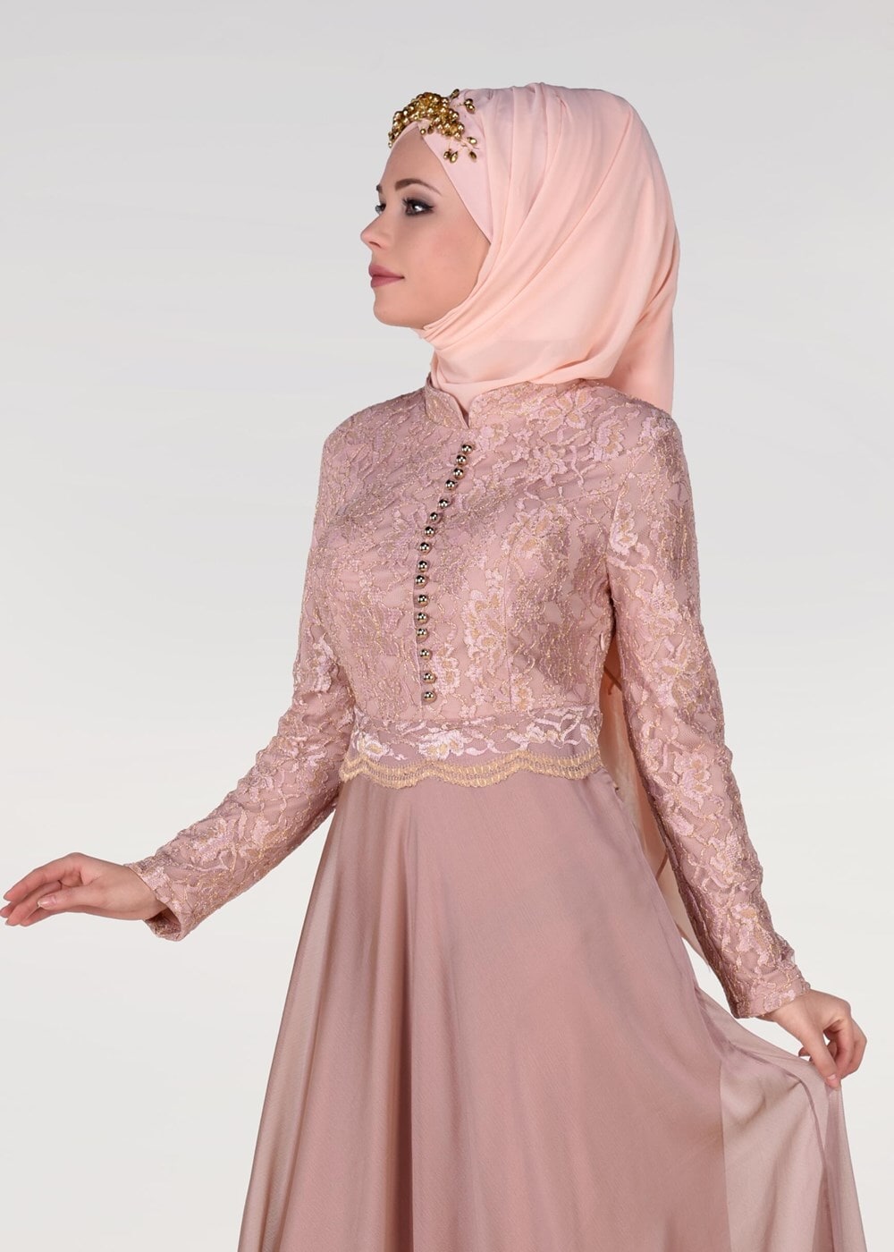 Tesettür giyim PUDRA HAKİM YAKA DÜĞME DETAYLI ABİYE ELBİSE 0697 