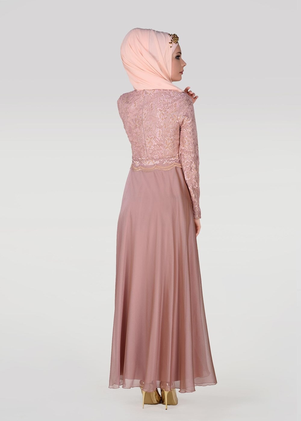 Tesettür giyim PUDRA HAKİM YAKA DÜĞME DETAYLI ABİYE ELBİSE 0697 