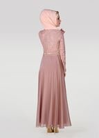 Tesettür giyim PUDRA HAKİM YAKA DÜĞME DETAYLI ABİYE ELBİSE 0697 