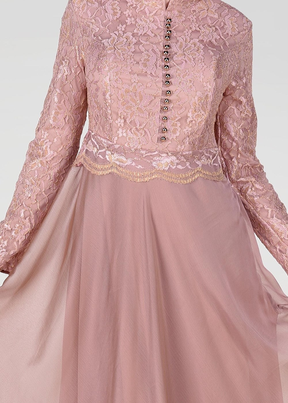 Tesettür giyim PUDRA HAKİM YAKA DÜĞME DETAYLI ABİYE ELBİSE 0697 