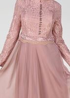 Tesettür giyim PUDRA HAKİM YAKA DÜĞME DETAYLI ABİYE ELBİSE 0697 