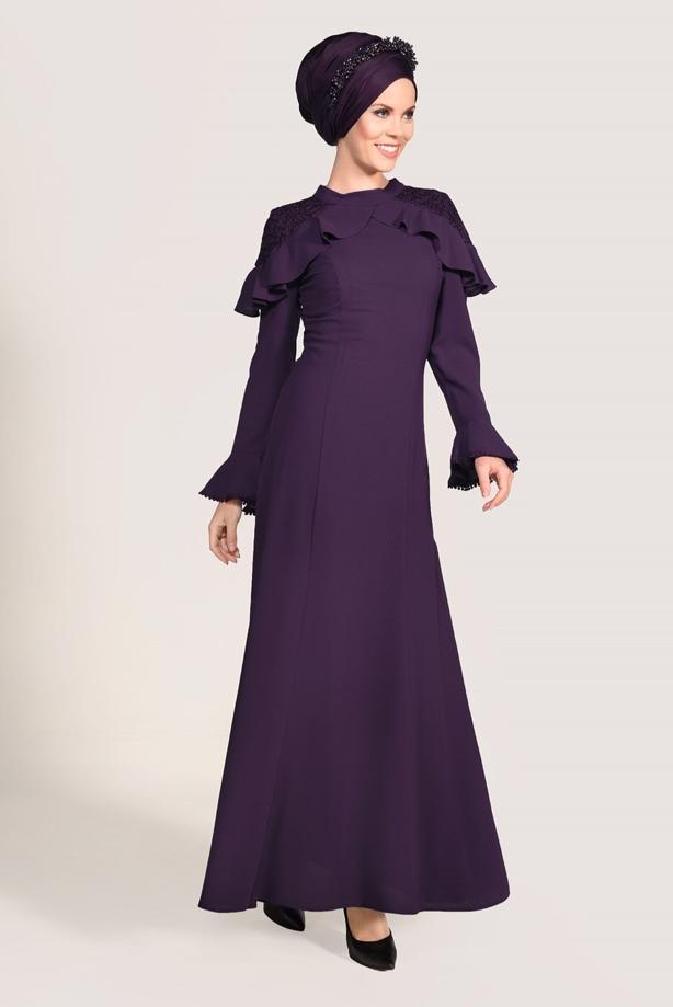 Vêtements hijab  GUIPURE DETAIL EVENING DRESS 1072 - TRENDTESETTÜR