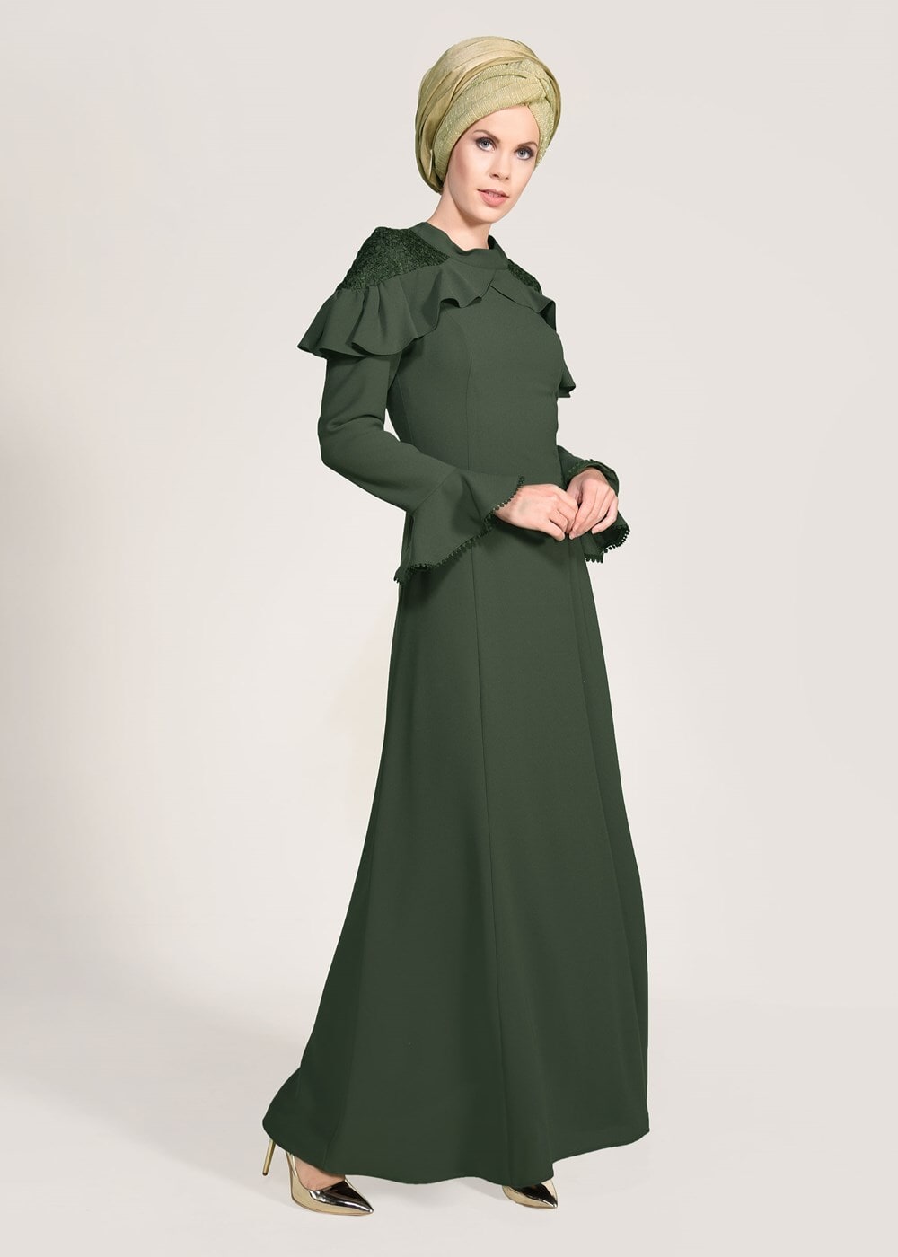 Hijab clothing KHAKI GUIPURE DETAIL EVENING DRESS 1072