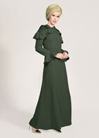 Hijab clothing KHAKI GUIPURE DETAIL EVENING DRESS 1072