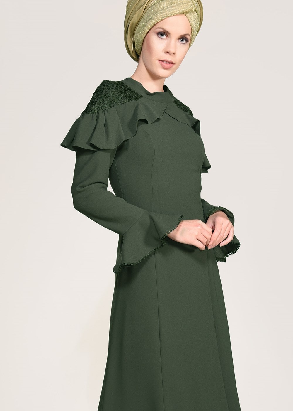 Hijab clothing KHAKI GUIPURE DETAIL EVENING DRESS 1072