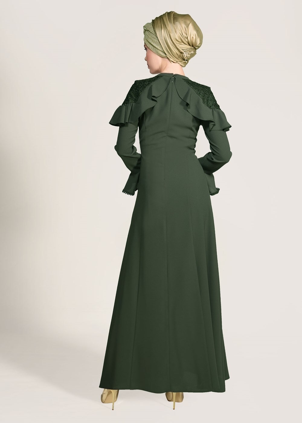 Hijab clothing KHAKI GUIPURE DETAIL EVENING DRESS 1072