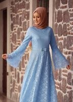 Tesettür giyim MAVİ GENİŞ KOL DANTELLİ ABİYE ELBİSE T 1410