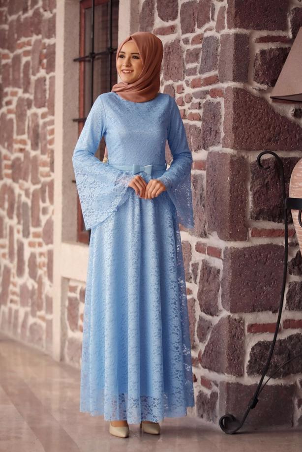Tesettür giyim  GENİŞ KOL DANTELLİ ABİYE ELBİSE T 1410 - TRENDTESETTÜR